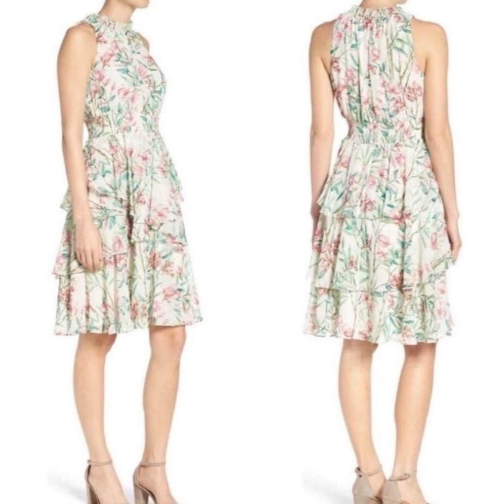 Gal Meets Glam Floral Dress White High Neck Ruffles Sz 12 White Sleeveless Smock